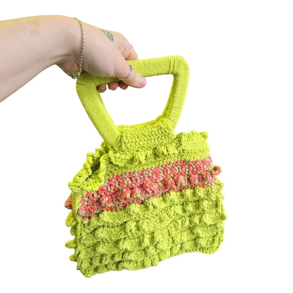 Handmade Crochet Ruffle Handbag Lime Green Pink Orange Boho Tote Bag Y2K style